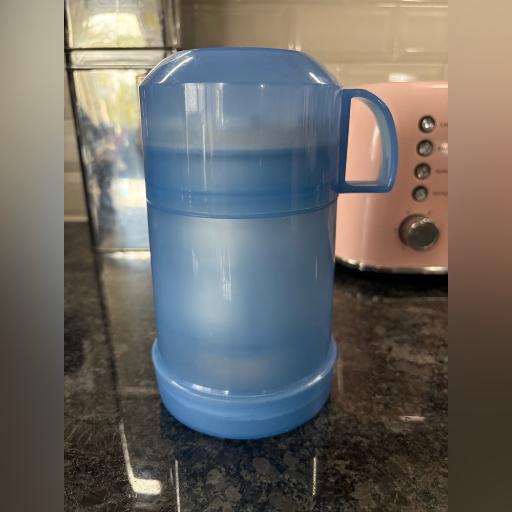 THERMOS Food Jar BLUE Plastic Wide Mouth 10oz Screw Top Lid Hot Cold EUC!